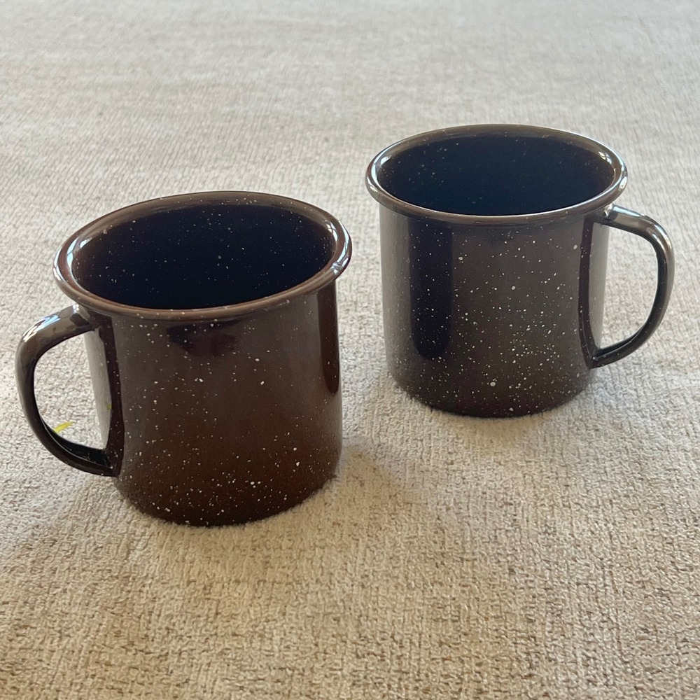 Vintage Brown Speckled Enamelware Coffee Mugs Set of 2 Camping Cups